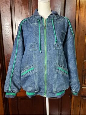 Vintage Denim Bomber Chore Jacket Green Accents Size Medium Weathered Blues